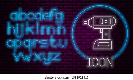 Glowing neon line Electric cordless screwdriver icon isolated on brick wall background. Electric drill machine. Repair tool. Neon light alphabet. Vector Illustration