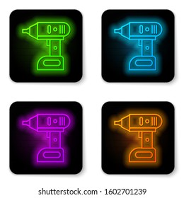 Glowing neon line Electric cordless screwdriver icon isolated on white background. Electric drill machine. Repair tool. Black square button. Vector Illustration