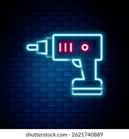 Glowing neon line Electric cordless screwdriver icon isolated on brick wall background. Electric drill machine. Repair tool. Colorful outline concept. Vector