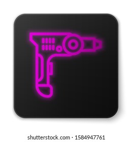 Glowing neon line Electric drill machine icon isolated on white background. Repair tool. Black square button. Vector Illustration