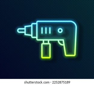 Glowing neon line Electric drill machine icon isolated on black background. Repair tool.  Vector