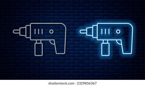 Glowing neon line Electric drill machine icon isolated on brick wall background. Repair tool.  Vector