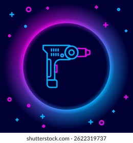 Glowing neon line Electric drill machine icon isolated on black background. Repair tool. Colorful outline concept. Vector