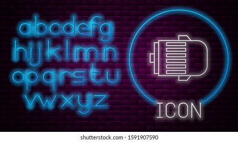 Glowing neon line Electric engine icon isolated on brick wall background. Car alternator. Neon light alphabet. Vector Illustration