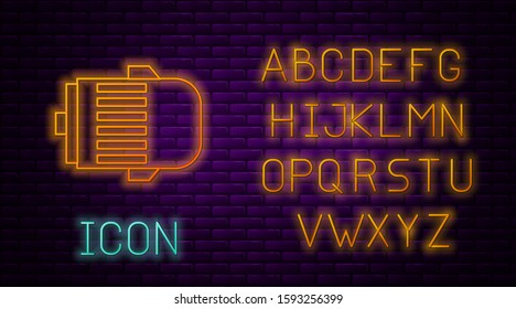 Glowing neon line Electric engine icon isolated on brick wall background. Car alternator. Neon light alphabet. Vector Illustration