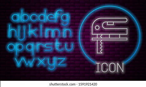 Glowing neon line Electric jigsaw with steel sharp blade icon isolated on brick wall background. Power tool for woodwork. Neon light alphabet. Vector Illustration