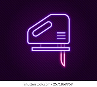 Glowing neon line Electric jigsaw with steel sharp blade icon isolated on black background. Power tool for woodwork. Colorful outline concept. Vector