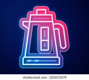 Glowing neon line Electric kettle icon isolated on blue background. Teapot icon.  Vector
