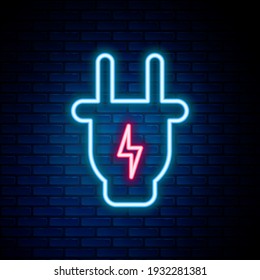 Glowing neon line Electric plug icon isolated on brick wall background. Concept of connection and disconnection of the electricity. Colorful outline concept. Vector