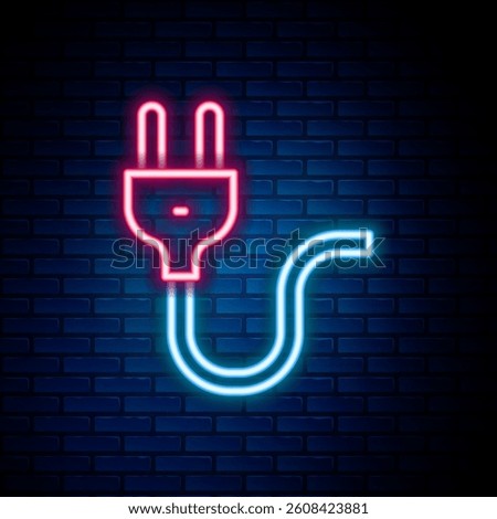 Glowing neon line Electric plug icon isolated on brick wall background. Concept of connection and disconnection of the electricity. Colorful outline concept. Vector