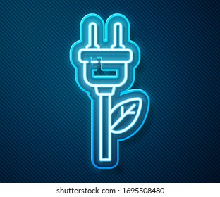 Glowing neon line Electric saving plug in leaf icon isolated on blue background. Save energy electricity. Environmental protection. Bio energy.  Vector Illustration