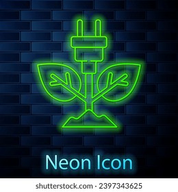 Línea de neón brillante enchufe de ahorro eléctrico en el icono de hoja aislado en el fondo de pared de ladrillo. Ahorra energía eléctrica. Protección del medio ambiente. Energía biológica.  Vector