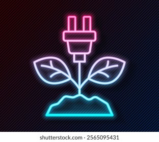 Glowing neon line Electric saving plug in leaf icon isolated on black background. Save energy electricity. Environmental protection. Bio energy.  Vector