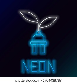 Glühende Neon-Linie Elektrisches Sparstecker-Blatt-Symbol einzeln auf schwarzem Hintergrund. Sparen Sie Energie und Strom. Umweltschutz. Bioenergie. Farbiges Umrisskonzept Vektorgrafik