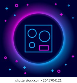 Glowing neon line Electric stove icon isolated on black background. Cooktop sign. Hob with four circle burners. Colorful outline concept. Vector