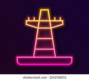 Glowing neon line Electric tower used to support an overhead power line icon isolated on black background. High voltage power pole line.  Vector