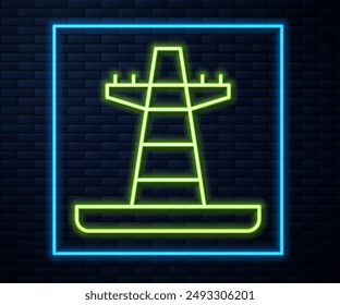 Glowing neon line Electric tower used to support an overhead power line icon isolated on brick wall background. High voltage power pole line.  Vector