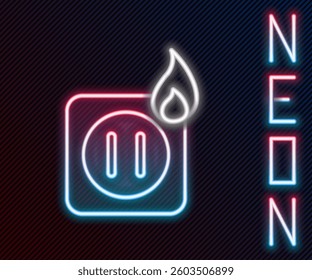 Glowing neon line Electric wiring of socket in fire icon isolated on black background. Electrical safety concept. Plug outlet on fire. Colorful outline concept. Vector Illustration