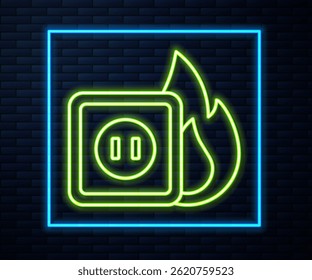 Glowing neon line Electric wiring of socket in fire icon isolated on brick wall background. Electrical safety concept. Plug outlet on fire.  Vector