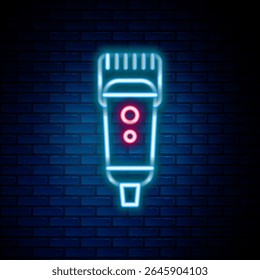 Glowing neon line Electrical hair clipper or shaver icon isolated on brick wall background. Barbershop symbol. Colorful outline concept. Vector