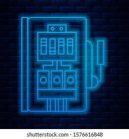 Glowing neon line Electrical panel icon isolated on brick wall background.  Vector Illustration