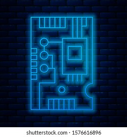 Glowing neon line Electronic computer components motherboard digital chip integrated science icon isolated on brick wall background. Circuit board.  Vector Illustration