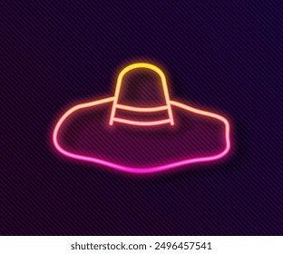 Glowing neon line Elegant women hat icon isolated on black background.  Vector