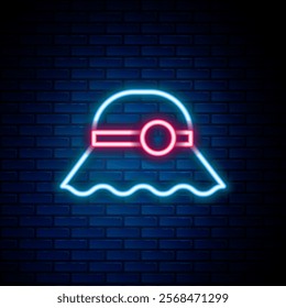 Glowing neon line Elegant women hat icon isolated on brick wall background. Colorful outline concept. Vector