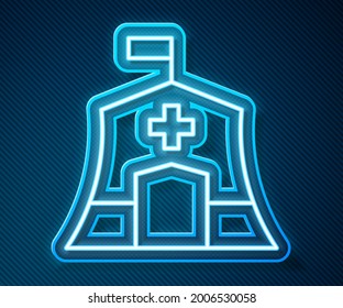 Glowing Neon Line Emergency Medical Tent Icon Isolated On Blue Background. Provide Disaster Relief.  Vector