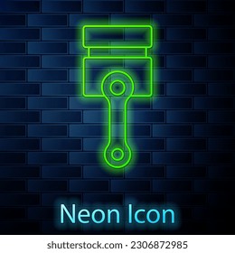 Línea de neón brillante Icono del pistón del motor aislado en el fondo de la pared de ladrillo. Señal del pistón del motor del automóvil.  Vector