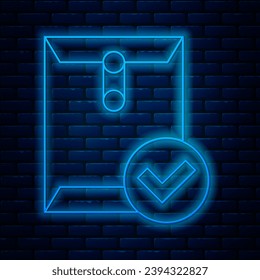 Glowing neon line Envelope and check mark icon isolated on brick wall background. Successful e-mail delivery, email delivery confirmation.  Vector