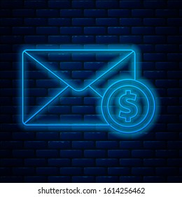 Glowing neon line Envelope with coin dollar symbol icon isolated on brick wall background. Salary increase, money payroll, compensation income.  Vector Illustration