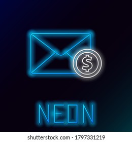 Glowing neon line Envelope with coin dollar symbol icon isolated on black background. Salary increase, money payroll, compensation income. Colorful outline concept. Vector