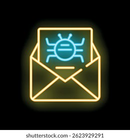 Glowing neon line envelope with computer virus icon isolated on black background. Vector illustration