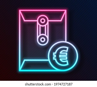 Glowing neon line Envelope with euro symbol icon isolated on black background. Salary increase, money payroll, compensation income.  Vector Illustration