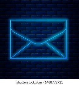 Glowing neon line Envelope icon isolated on brick wall background. Email message letter symbol.   Vector Illustration