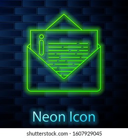 Glowing neon line Envelope icon isolated on brick wall background. Email message letter symbol.  Vector Illustration