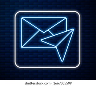 Glowing neon line Envelope icon isolated on brick wall background. Email message letter symbol.  Vector Illustration
