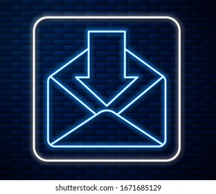Glowing neon line Envelope icon isolated on brick wall background. Received message concept. New, email incoming message, sms. Mail delivery service.  Vector Illustration