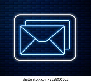 Glowing neon line Envelope icon isolated on brick wall background. Email message letter symbol.  Vector Illustration