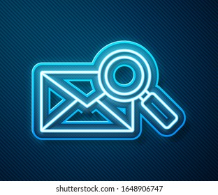 Glowing neon line Envelope mail with magnifying glass icon isolated on blue background.  Vector Illustration