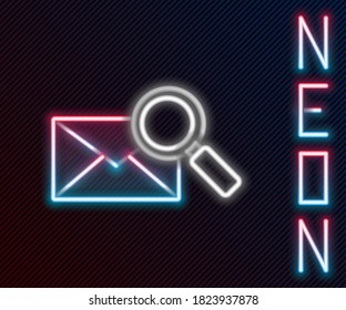 Glowing neon line Envelope mail with magnifying glass icon isolated on black background. Colorful outline concept. Vector Illustration