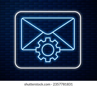 Glowing neon line Envelope setting icon isolated on brick wall background.  Vector Illustration
