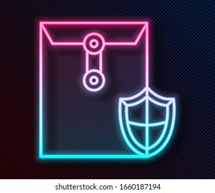 Glowing neon line Envelope with shield icon isolated on black background. Insurance concept. Security, safety, protection, protect concept.  Vector Illustration
