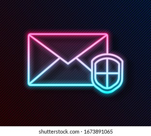 Glowing neon line Envelope with shield icon isolated on black background. Insurance concept. Security, safety, protection, protect concept.  Vector Illustration
