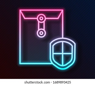 Glowing neon line Envelope with shield icon isolated on black background. Insurance concept. Security, safety, protection, protect concept.  Vector Illustration