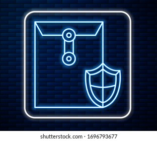 Glühender Neonline-Umschlag mit Schild Symbol einzeln auf Backsteinwand Hintergrund.Versicherungskonzept. Sicherheit, Sicherheit, Schutz, Schutzkonzept. Vektorillustration-Illustration