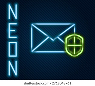 Línea de neón brillante sobre con icono de escudo aislado sobre fondo negro. Concepto de seguro. Seguridad, seguridad, protección, proteger el concepto. Concepto de contorno colorido. Ilustración vectorial