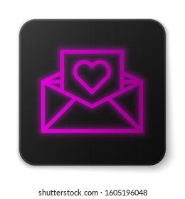 Glowing neon line Envelope with Valentine heart icon isolated on white background. Message love. Letter love and romance. Black square button. Vector Illustration