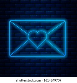 Glowing neon line Envelope with Valentine heart icon isolated on brick wall background. Message love. Letter love and romance.  Vector Illustration